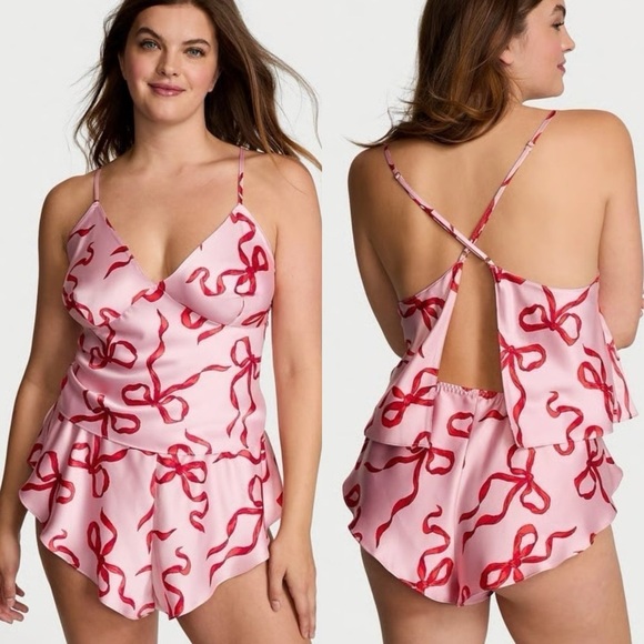 Victoria’s Secret Chalk Rose Bow Satin Pajamas